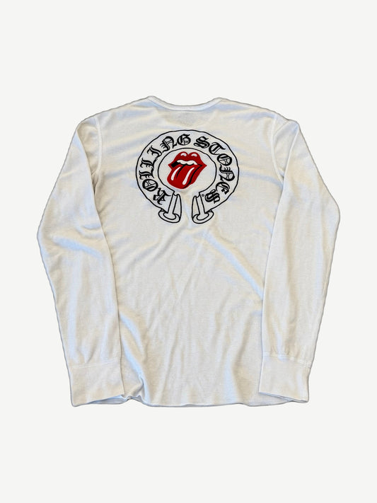 Chrome Hearts Rolling Stones thermal back with black Old English horseshoe logo around red tongue lips graphic