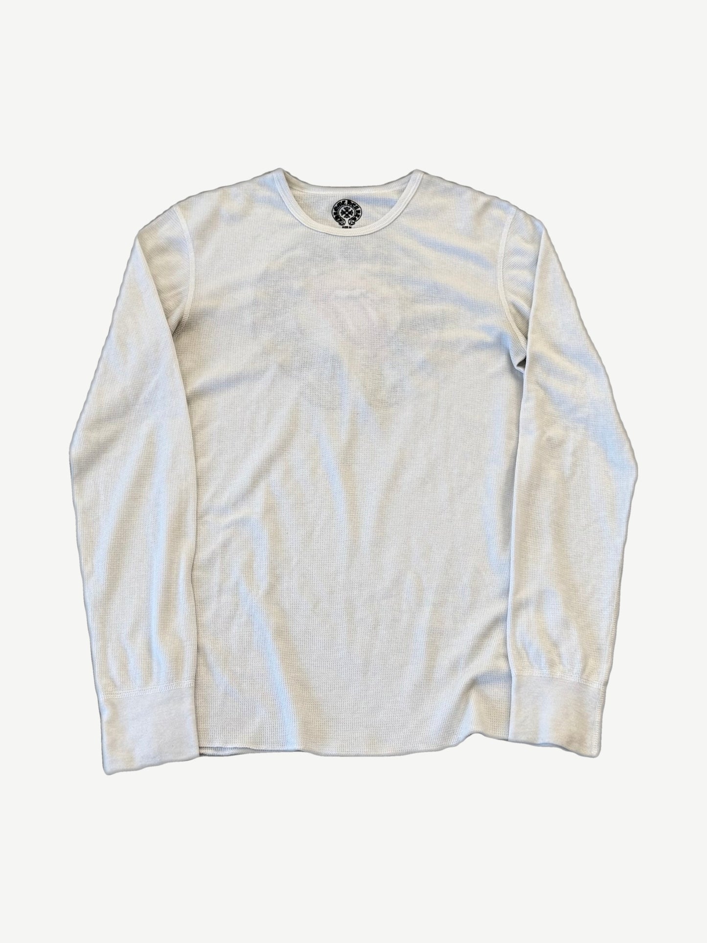 Chrome Hearts Rolling Stones cream waffle thermal long sleeve with small CH cross patch at neckline, front