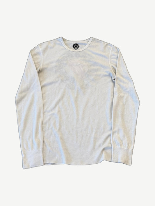 Chrome Hearts Rolling Stones cream waffle thermal long sleeve with small CH cross patch at neckline, front