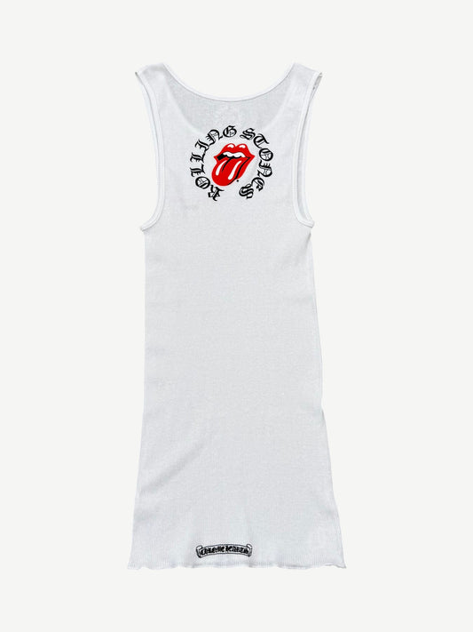Chrome Hearts Rolling Stones Vegas tank back in white with bold black gothic Chrome Hearts text and graphic