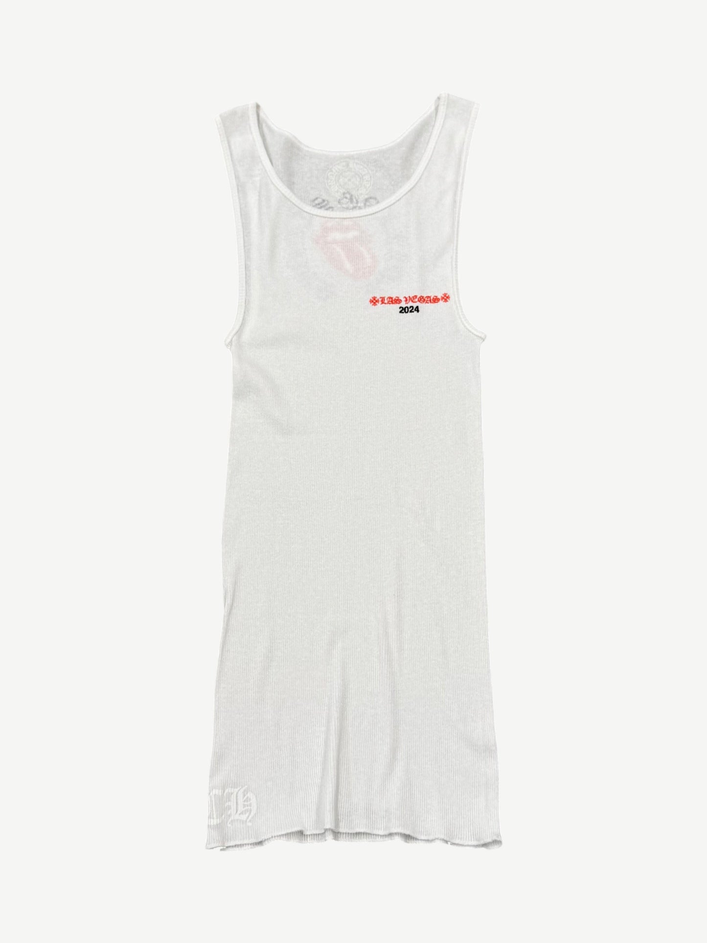 Chrome Hearts x Rolling Stones Las Vegas tank top in white with red tongue logo and black gothic typography
