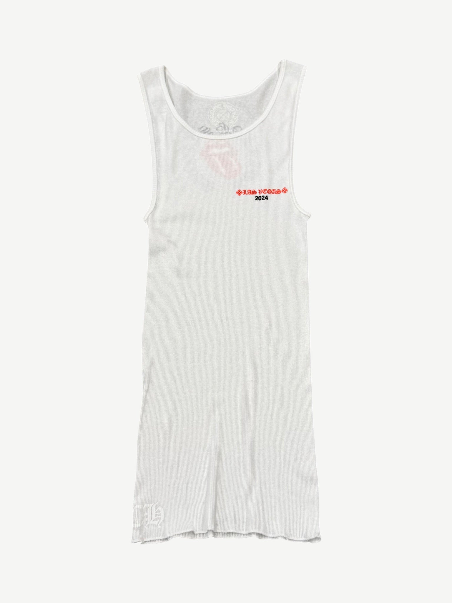 Chrome Hearts x Rolling Stones Las Vegas tank top in white with red tongue logo and black gothic typography