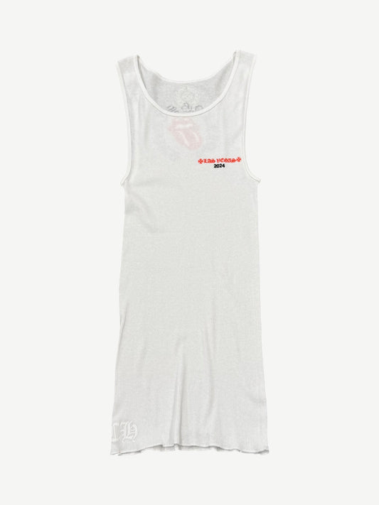 Chrome Hearts x Rolling Stones Las Vegas tank top in white with red tongue logo and black gothic typography