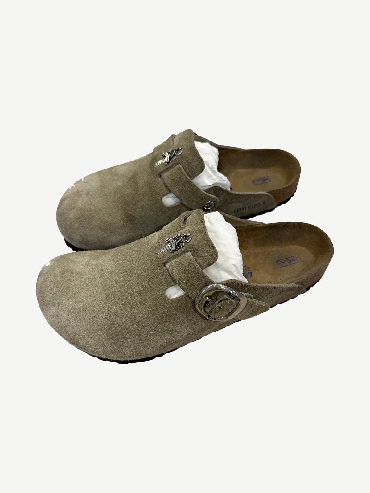 Chrome Hearts Taupe Suede Birkenstock Clogs