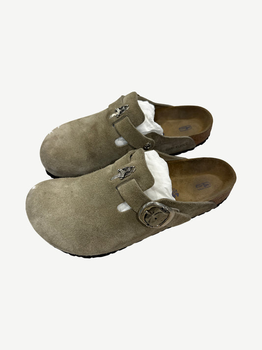 Chrome Hearts Taupe Suede Birkenstock Clogs