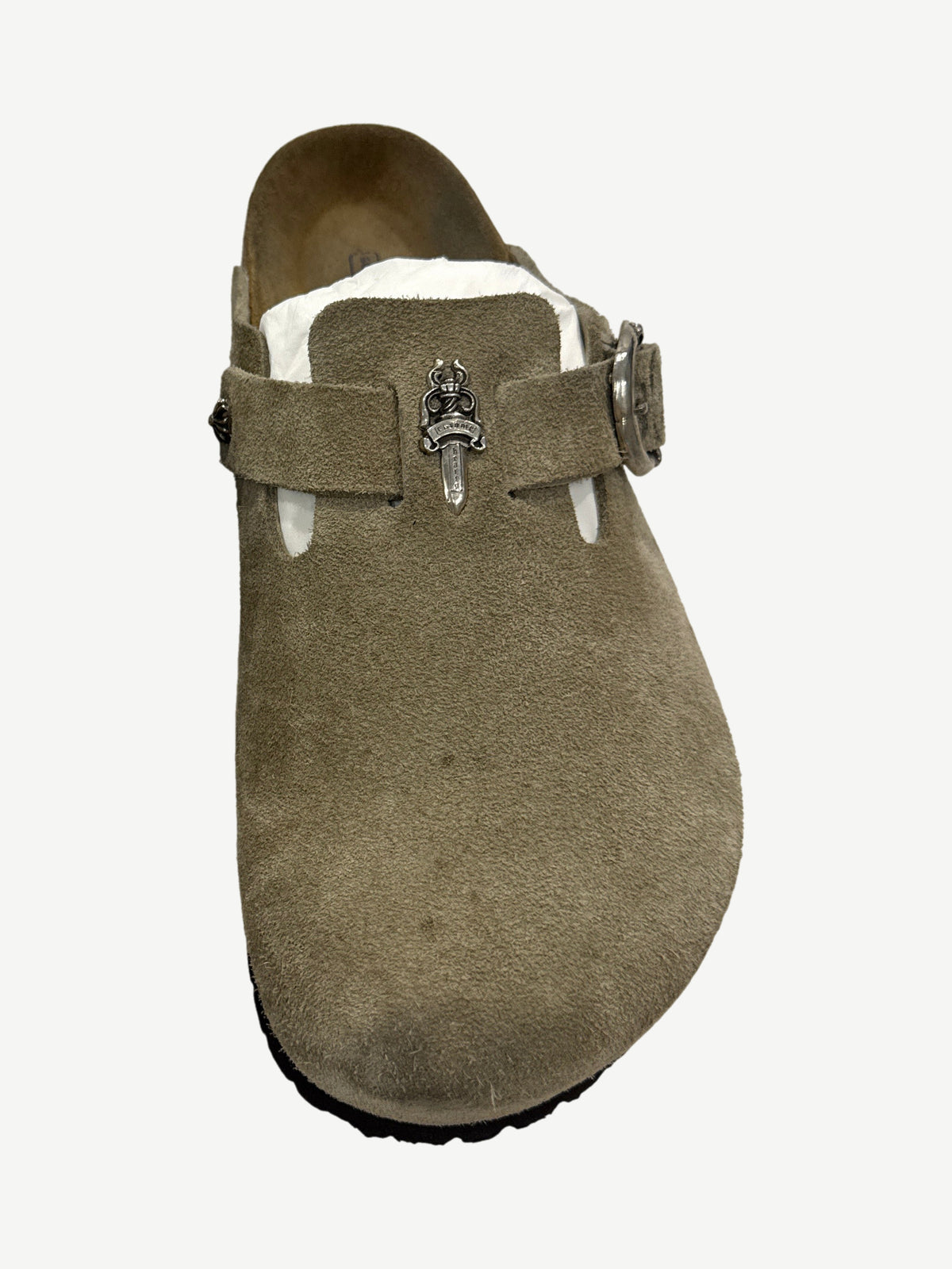Chrome Hearts Taupe Suede Birkenstock Clogs