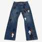 Chrome Hearts Turbo Diesel blue denim jeans front with leather cross patch on thigh