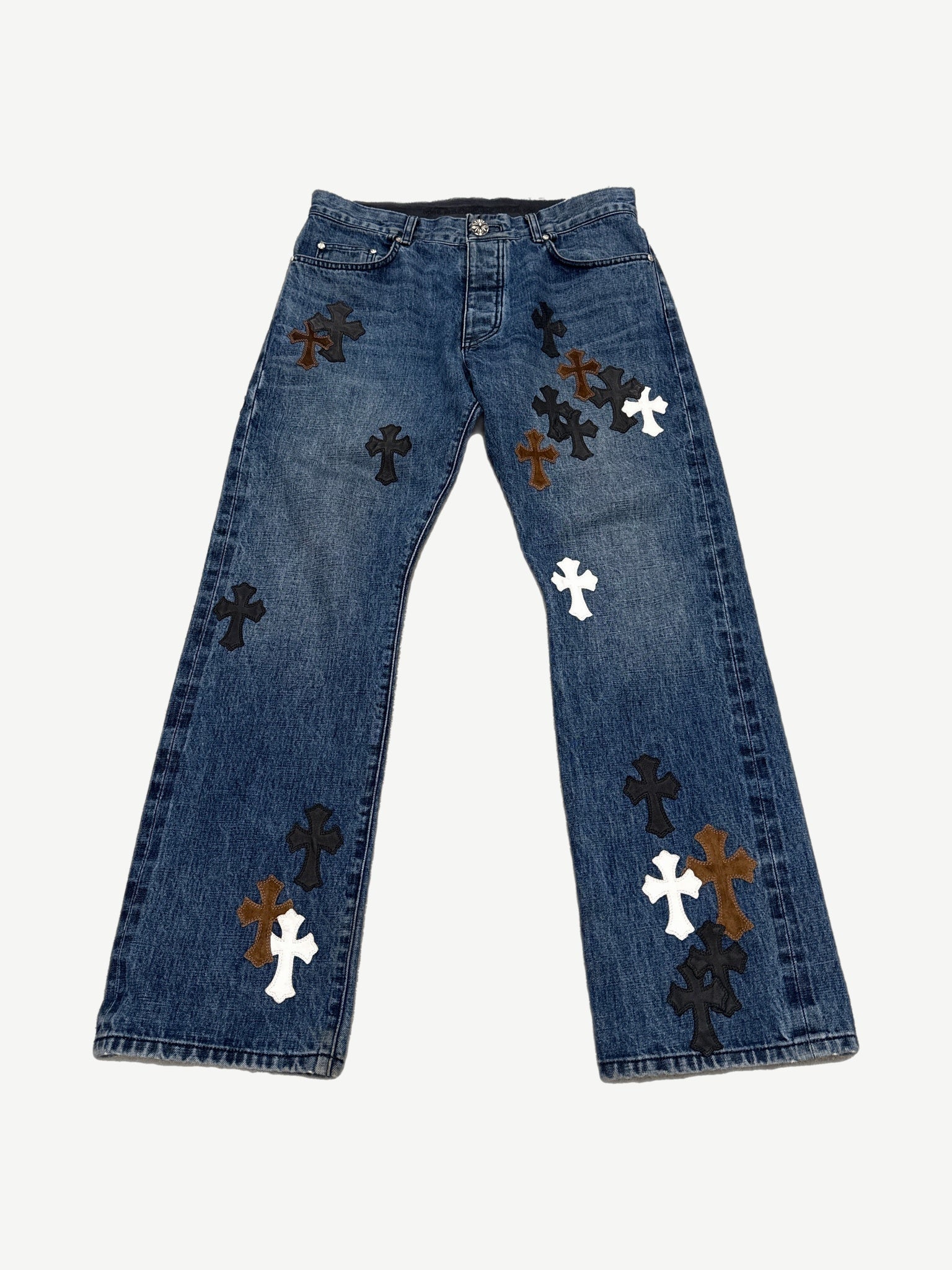 Chrome Hearts Turbo Diesel blue denim jeans front with leather cross patch on thigh