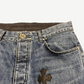 Chrome Hearts Turbo Diesel jeans detail of leather cross patch and contrast stitching