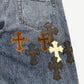 Chrome Hearts Turbo Diesel blue denim jeans hem and inseam detail with vintage distressing