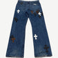 Chrome Hearts Turbo Diesel blue denim jeans back with stitched cross patch on rear pocket