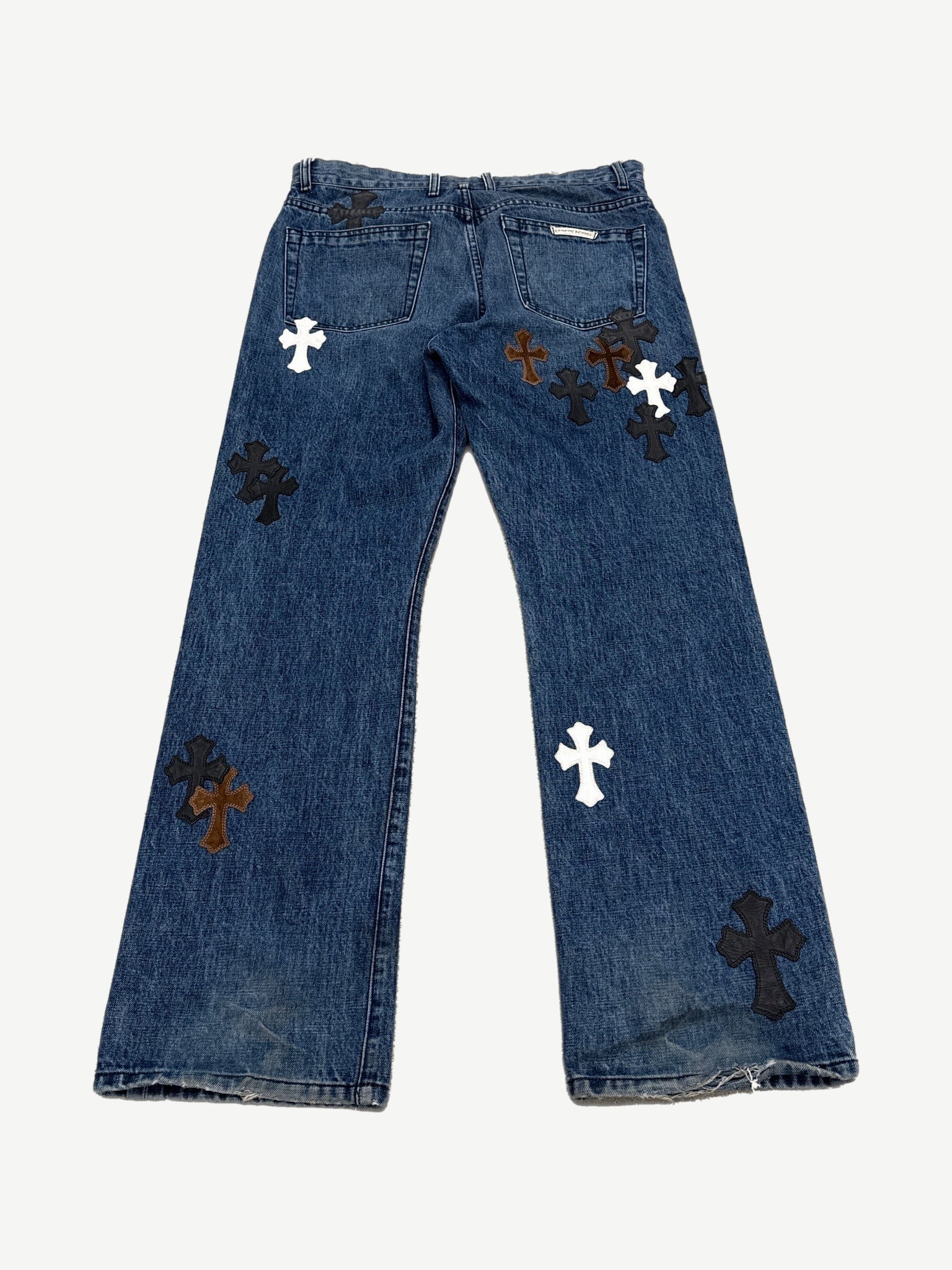 Chrome Hearts Turbo Diesel blue denim jeans back with stitched cross patch on rear pocket
