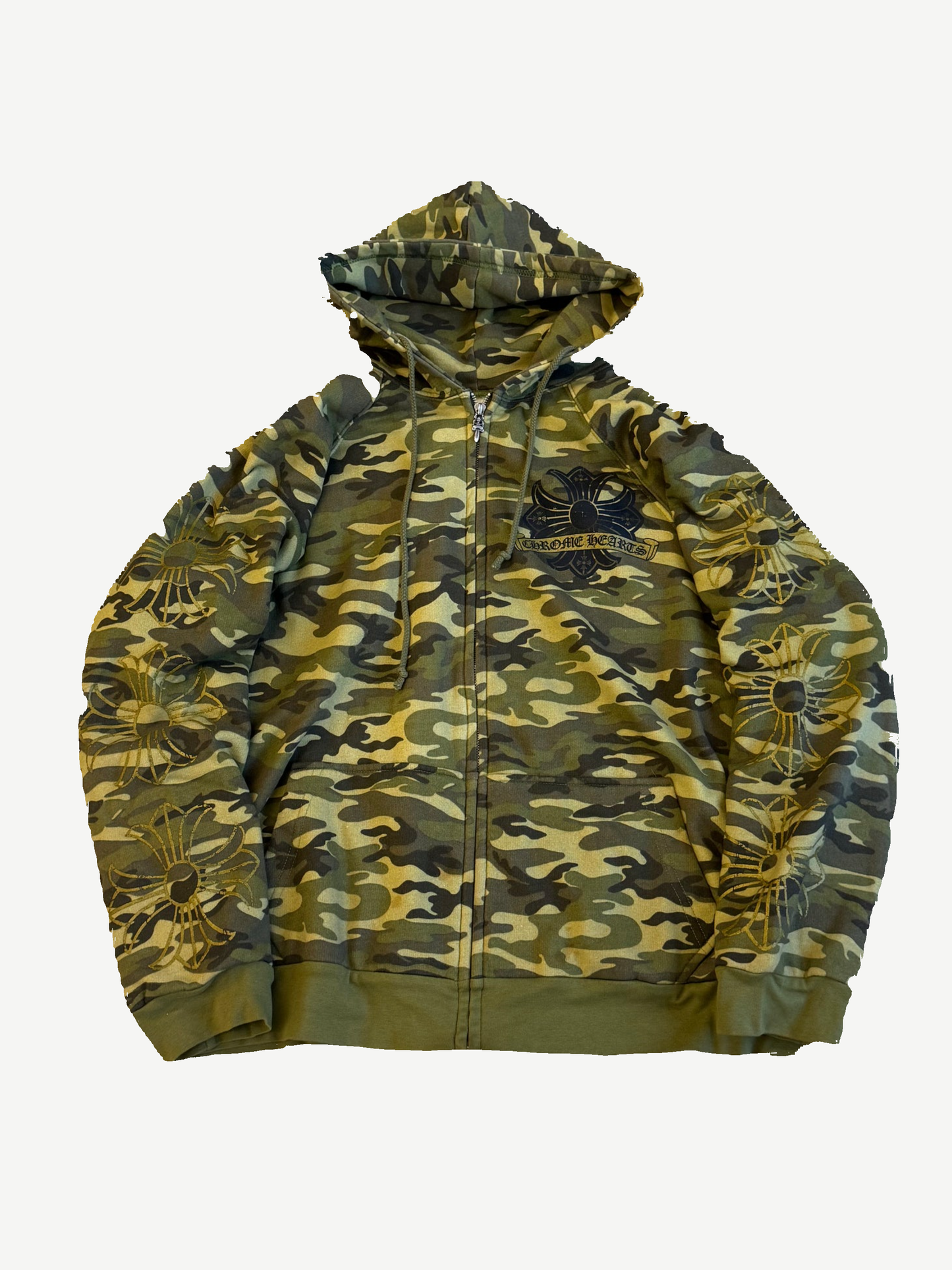 Chrome Hearts vintage camo thermal-lined hooded zipup with iron cross graphics down both sleeves