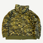 Back of Chrome Hearts vintage camo zip hoodie showing green and tan woodland pattern with hood up