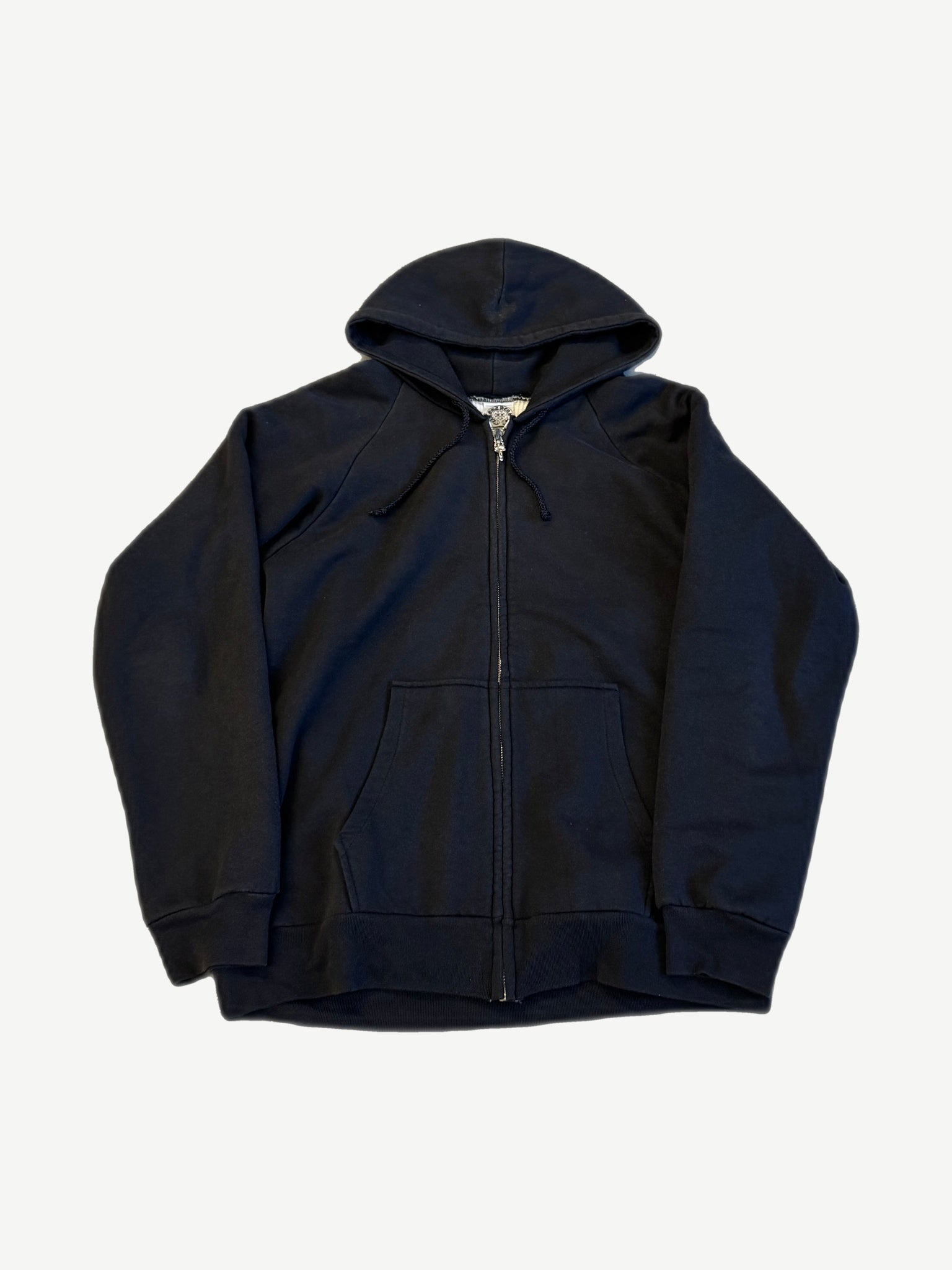 Chrome Hearts vintage navy thermal zipup hoodie front view with drawstring hood and silver cross zip pull