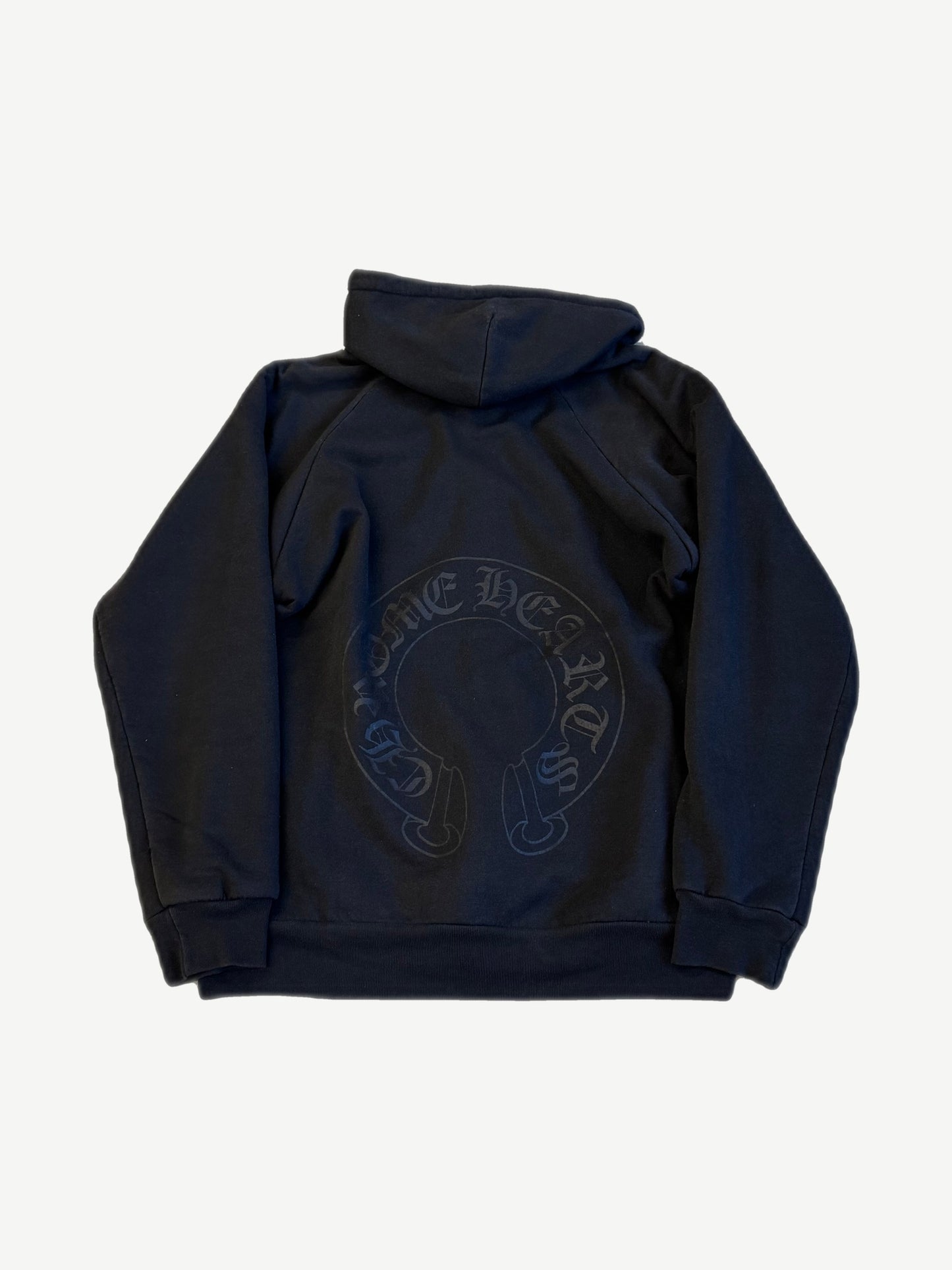 Chrome Hearts vintage zipup hoodie back in navy with tonal horseshoe Chrome Hearts print across shoulders