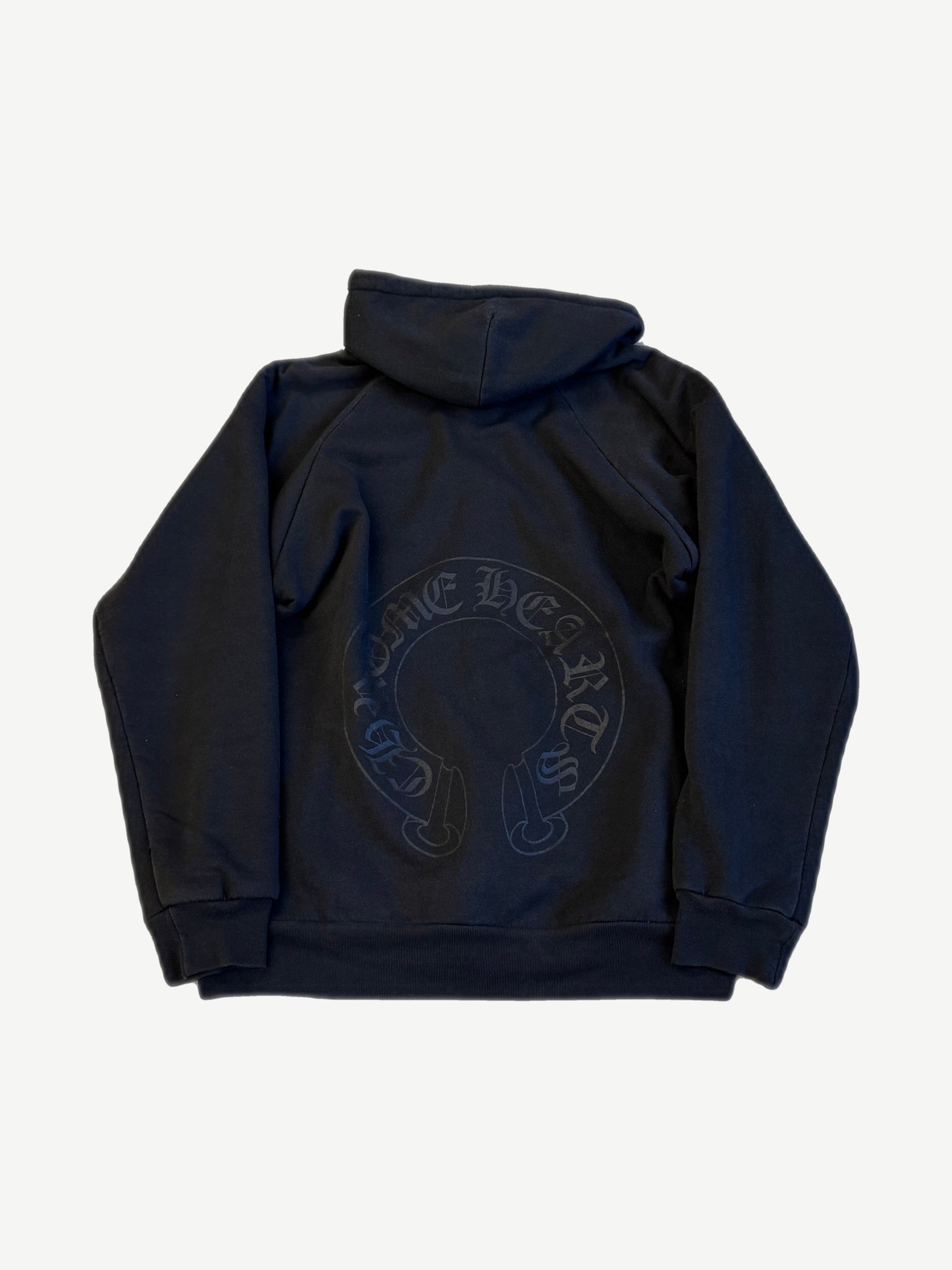 Chrome Hearts vintage zipup hoodie back in navy with tonal horseshoe Chrome Hearts print across shoulders
