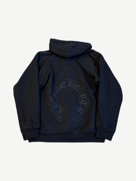 Chrome Hearts vintage zipup hoodie back in navy with tonal horseshoe Chrome Hearts print across shoulders