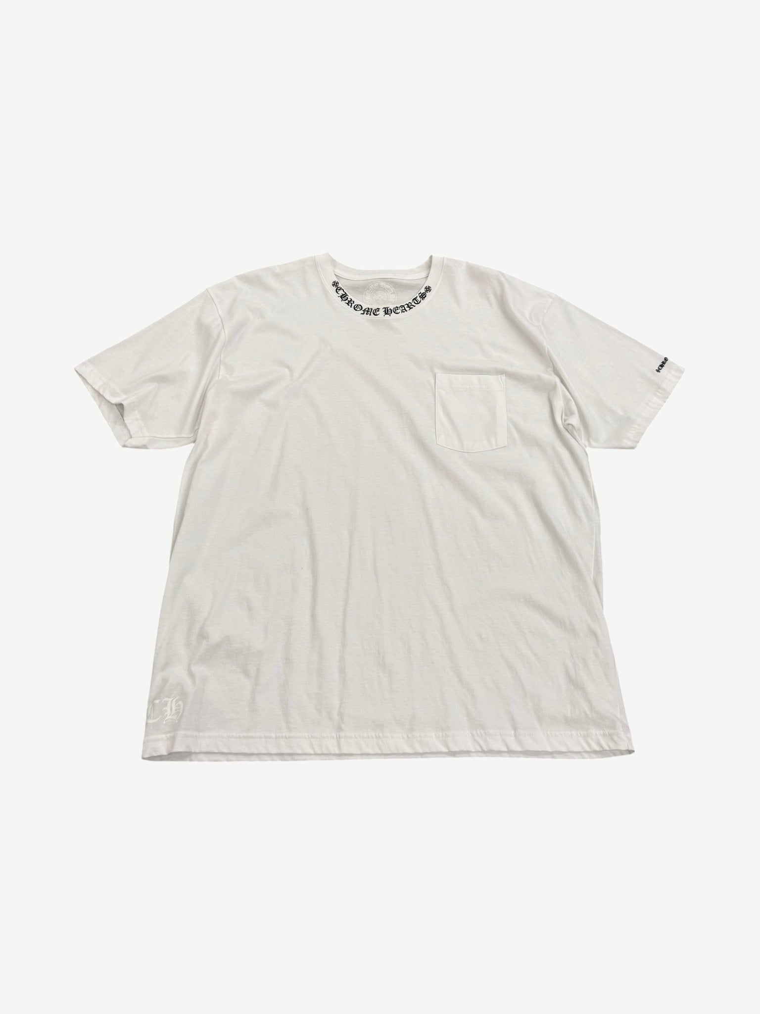 Chrome Hearts white pocket tee with black gothic Chrome Hearts neck print and chest pocket, front view