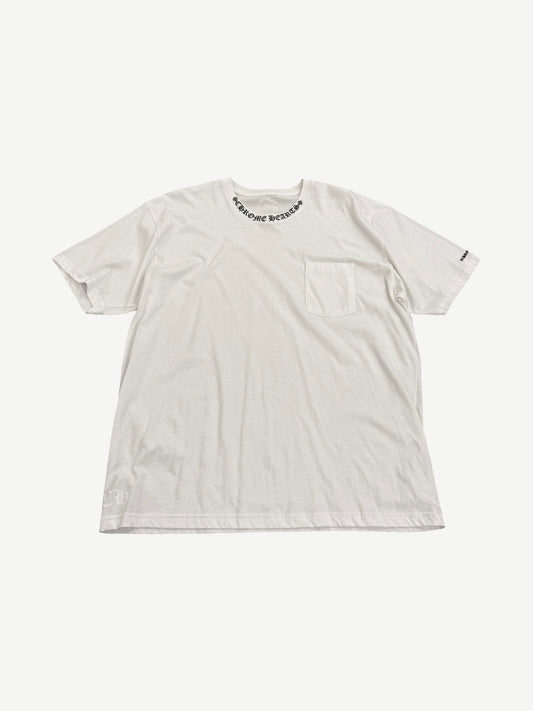 Chrome Hearts white pocket tee with black gothic Chrome Hearts neck print and chest pocket, front view