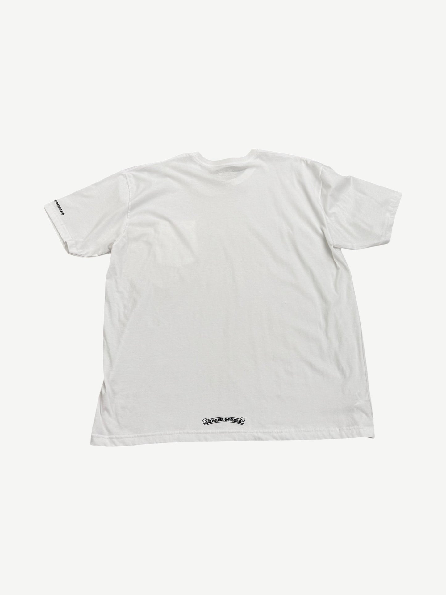 Back view of Chrome Hearts white pocket tee with small black Chrome Hearts banner logo at lower hem