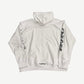 Chrome Hearts white zipup hoodie back view with black scroll banner logo at hem and Old English sleeve prints