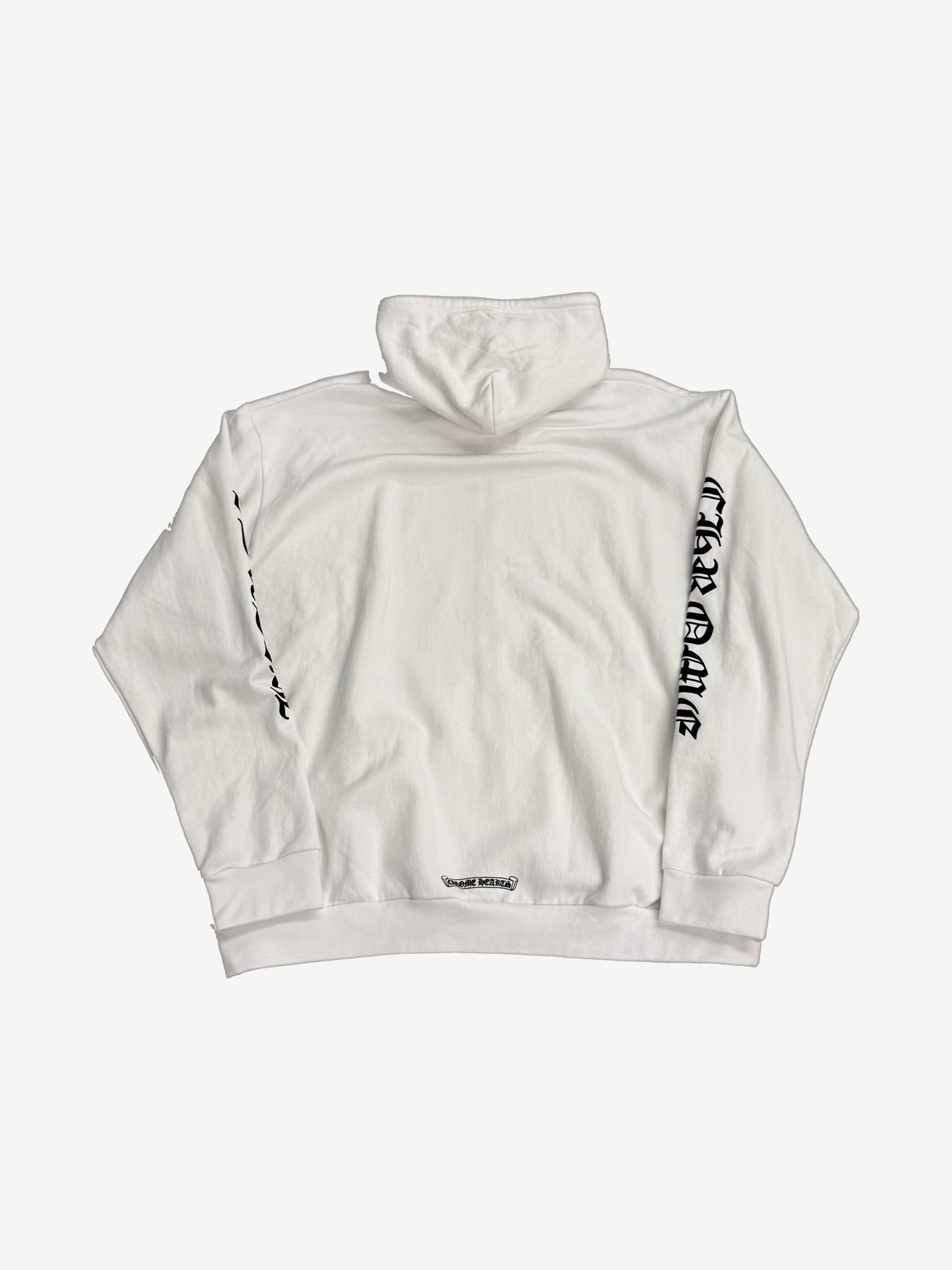 Chrome Hearts white zipup hoodie back view with black scroll banner logo at hem and Old English sleeve prints