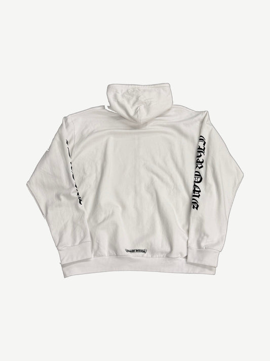 Chrome Hearts white zipup hoodie back view with black scroll banner logo at hem and Old English sleeve prints
