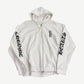 Chrome Hearts white full-zip hoodie front with vertical black Old English chest logo and sleeve prints