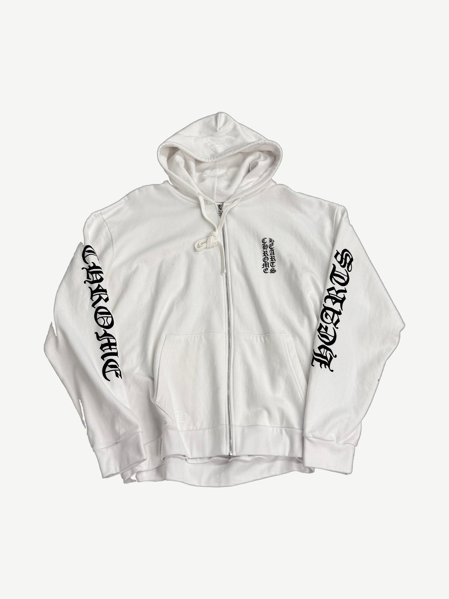 Chrome Hearts white full-zip hoodie front with vertical black Old English chest logo and sleeve prints