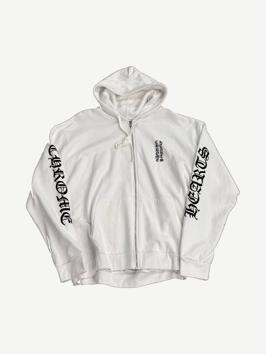 Chrome Hearts white full-zip hoodie front with vertical black Old English chest logo and sleeve prints