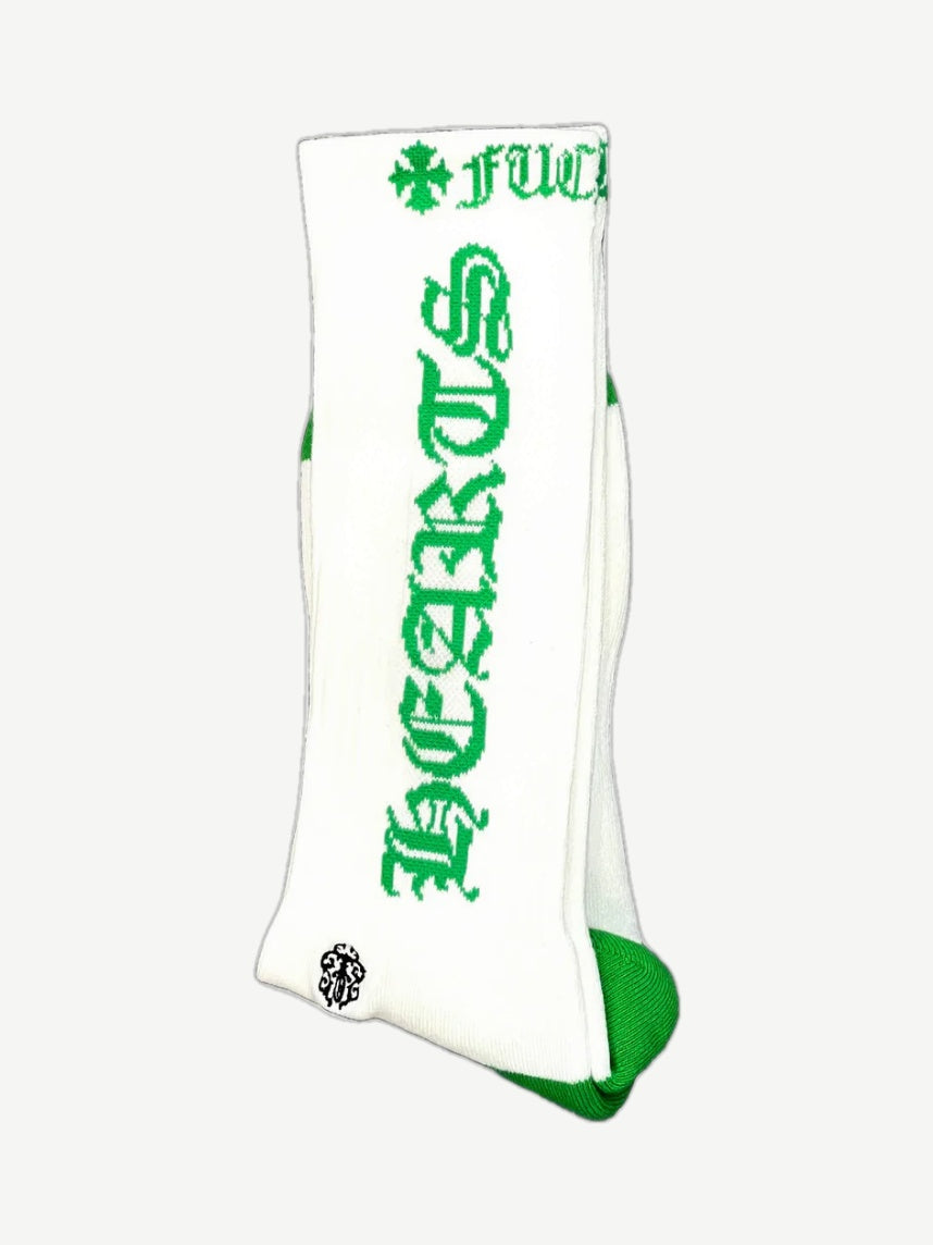 Chrome Hearts white crew socks with green Old English Chrome Hearts text and green toe and heel