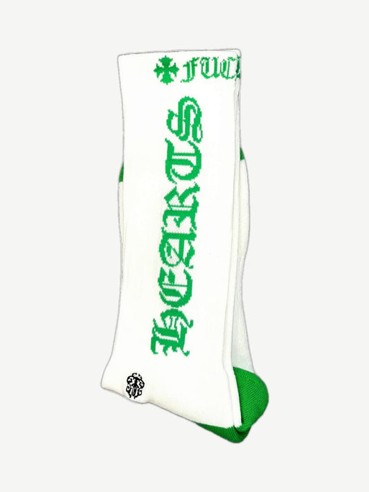 Chrome Hearts white crew socks with green Old English Chrome Hearts text and green toe and heel