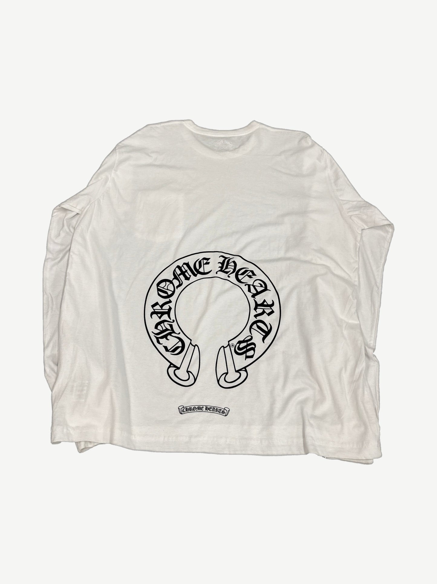 Chrome Hearts white thermal long sleeve back with black Old English horseshoe logo and pink floral print