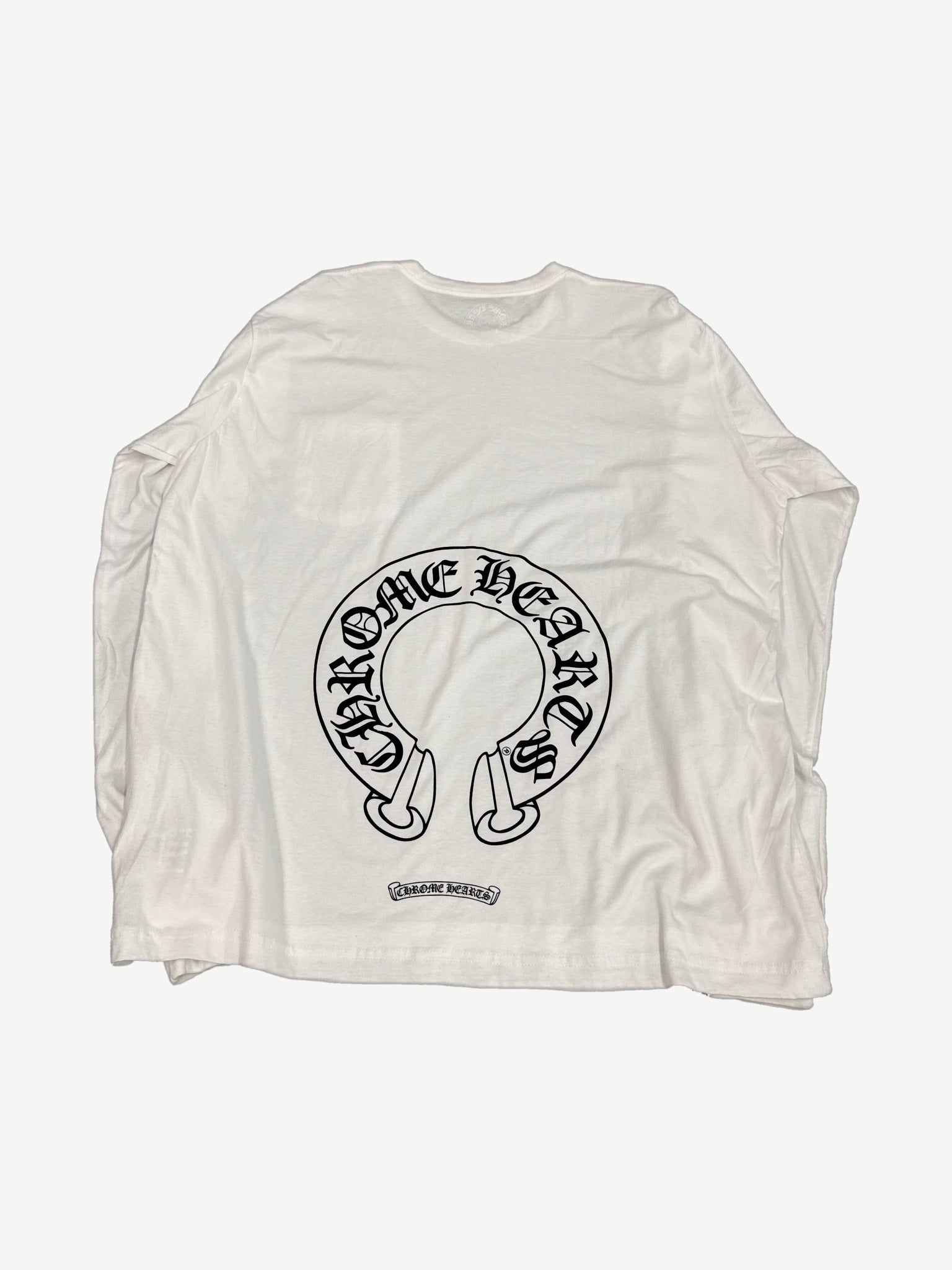 Chrome Hearts white thermal long sleeve back with black Old English horseshoe logo and pink floral print