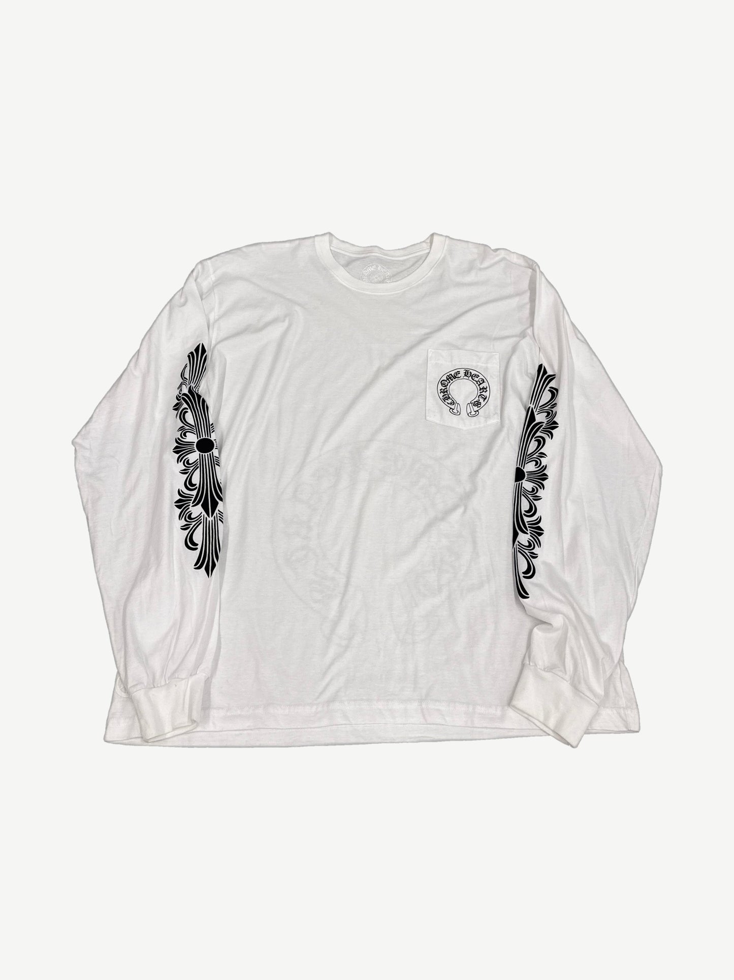 Chrome Hearts white waffle thermal long sleeve with small horseshoe cross patch at neckline, front view