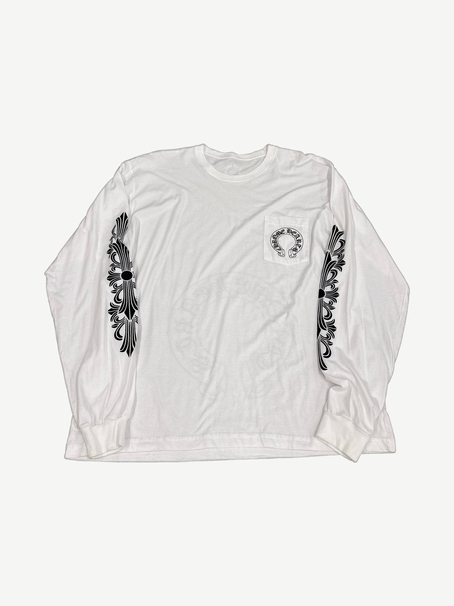 Chrome Hearts white waffle thermal long sleeve with small horseshoe cross patch at neckline, front view