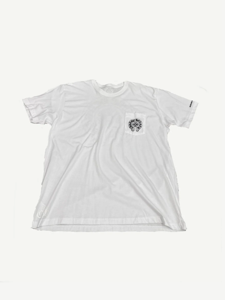 Chrome Hearts white cotton tee front with small CH cross pocket print and signature sleeve logo