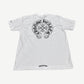 Chrome Hearts white tee back with large black horseshoe gothic logo and floral cross center print