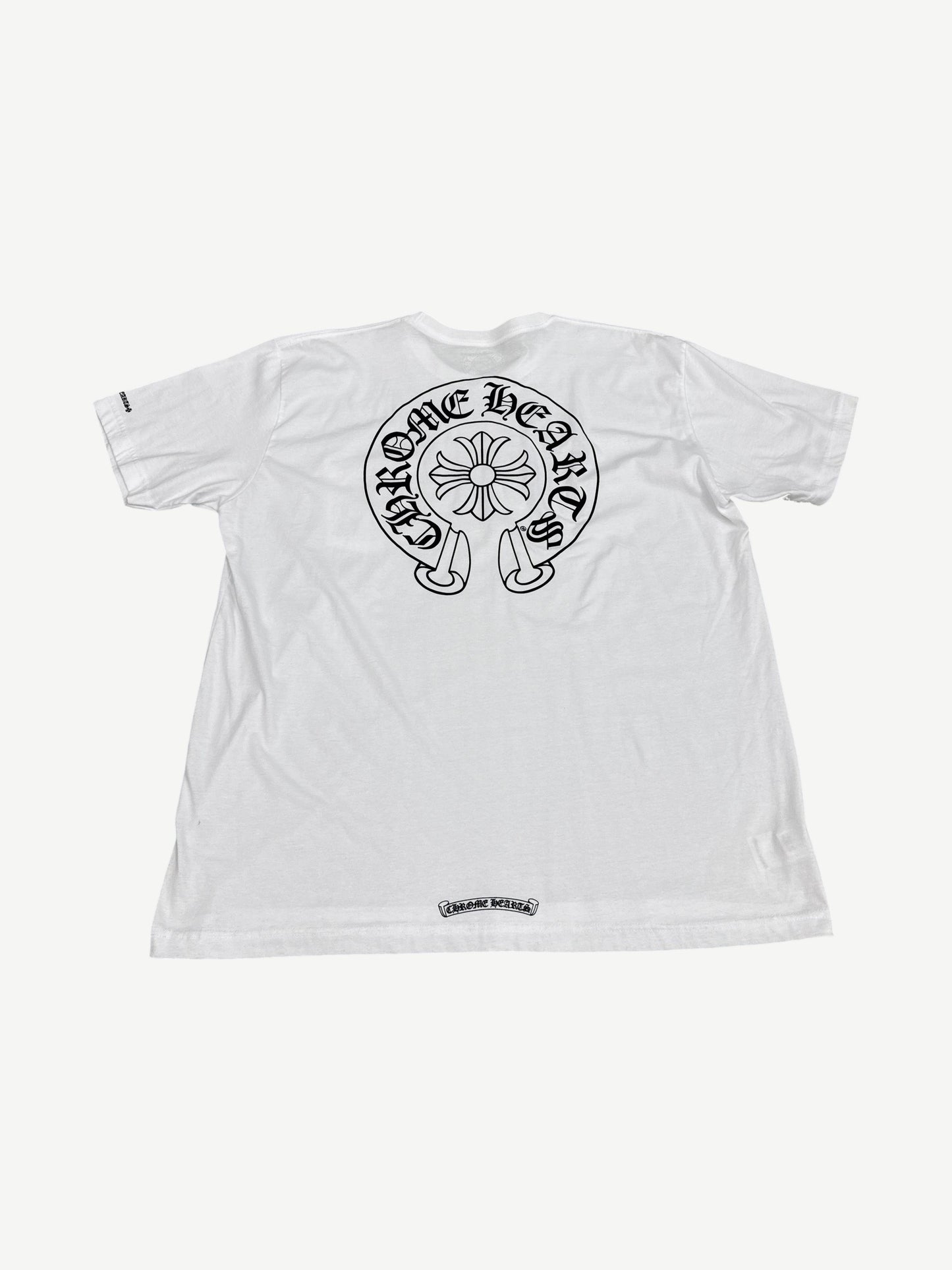 Chrome Hearts white tee back with large black horseshoe gothic logo and floral cross center print