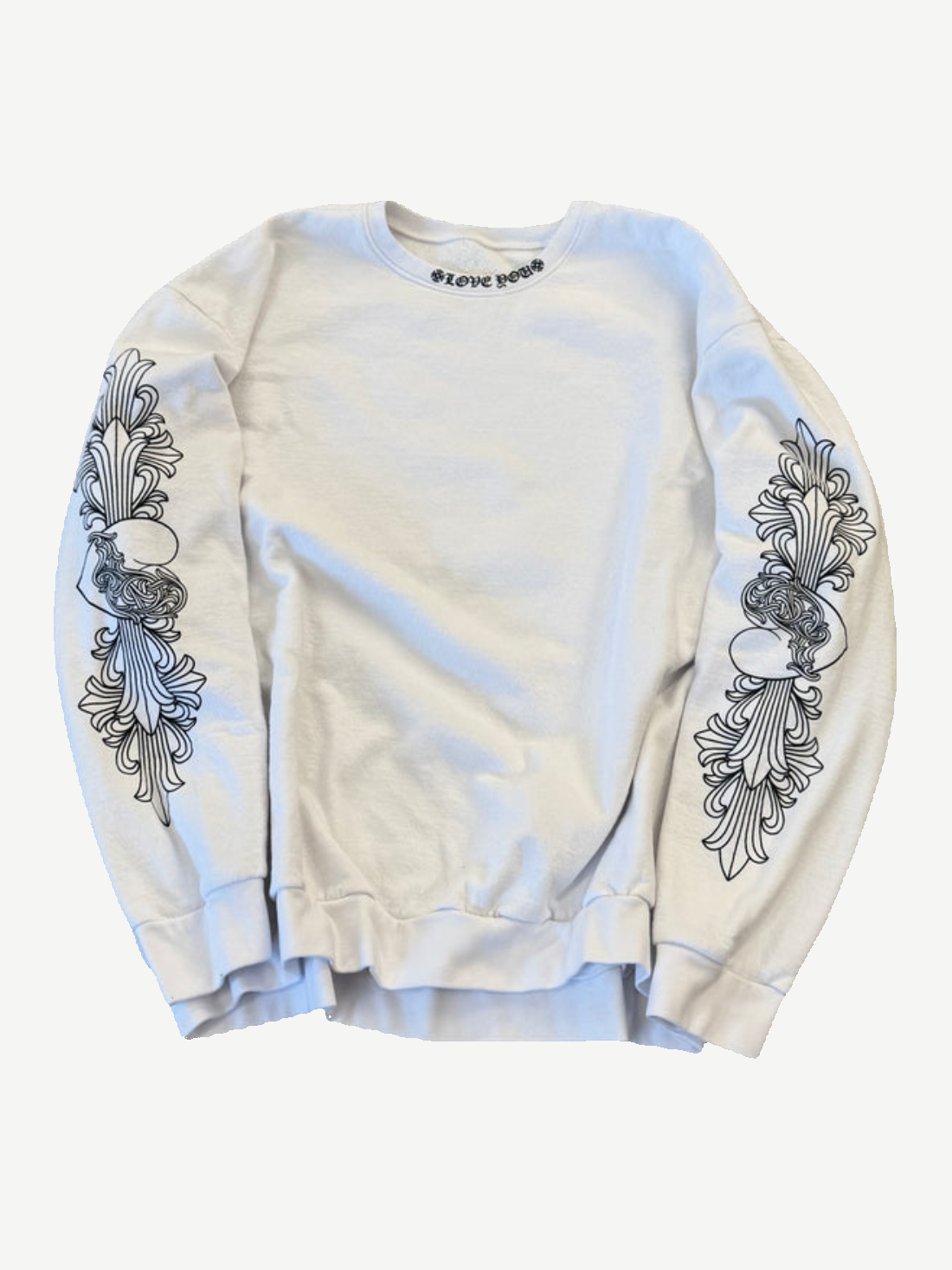 Chrome Hearts white crewneck sweatshirt with black floral cross prints down both sleeves, front view.