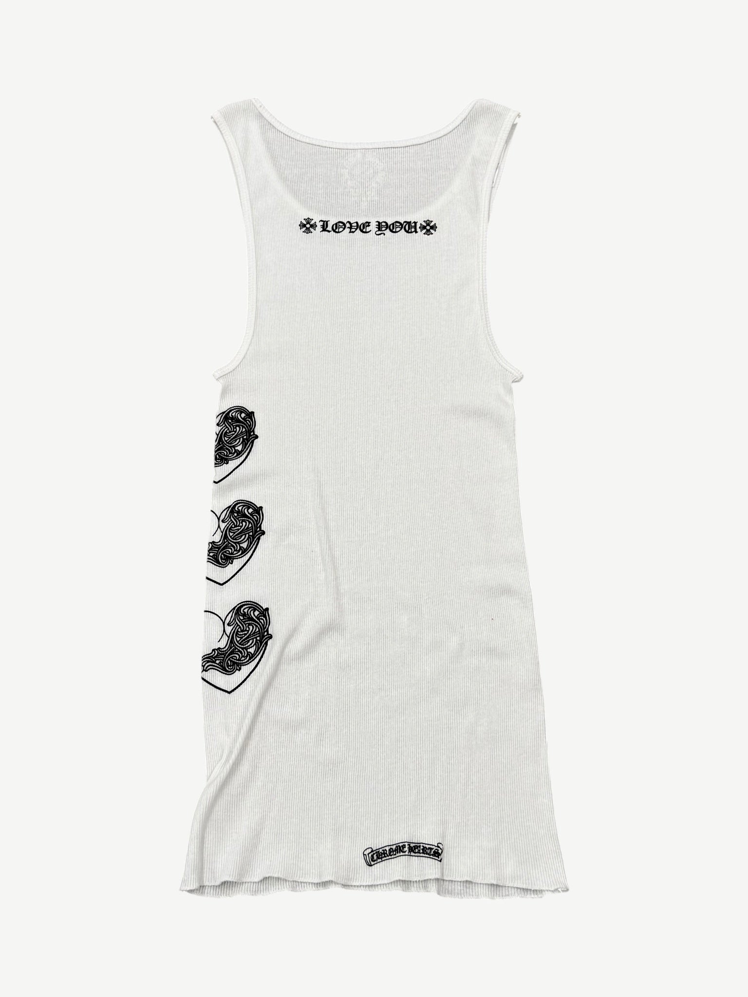 Chrome Hearts white rib tank, back view of plain ribbed body with narrow shoulder straps