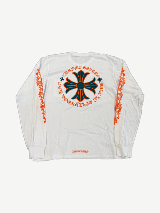 Chrome Hearts white Miami Art Basel longsleeve back view with large orange cross and arch logo print