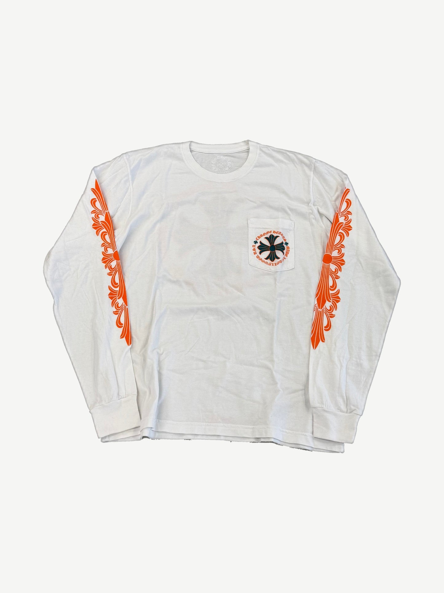 Chrome Hearts white Miami Art Basel exclusive longsleeve with orange floral cross sleeves and pocket