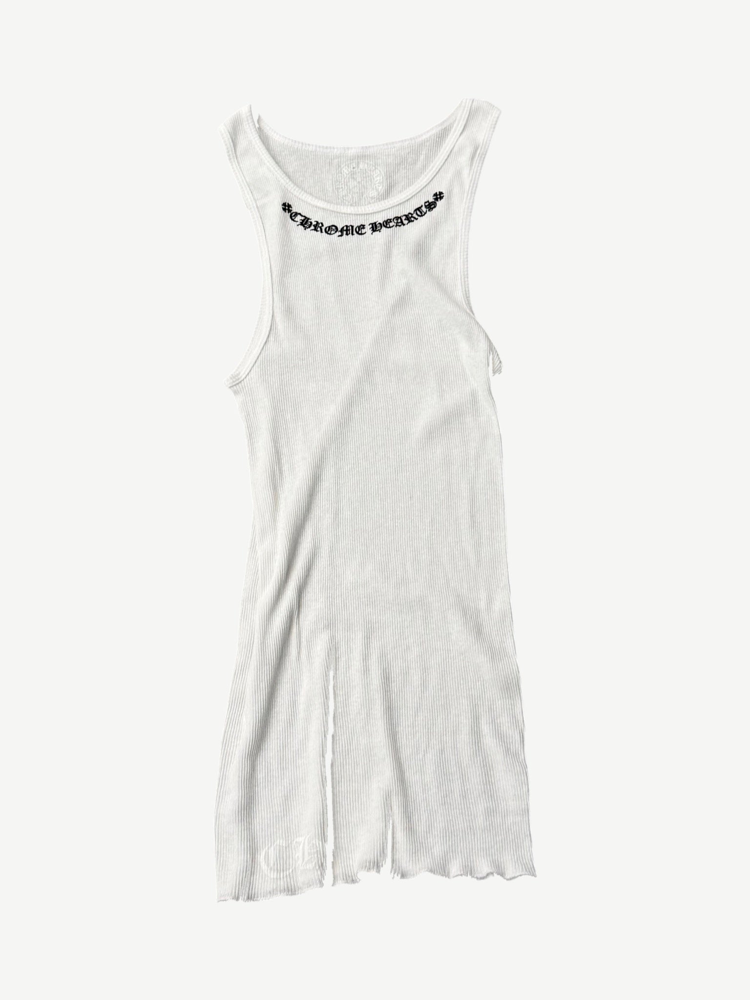 Chrome Hearts white ribbed tank top front with gothic neckline scroll logo and lettuce-edge cotton hem