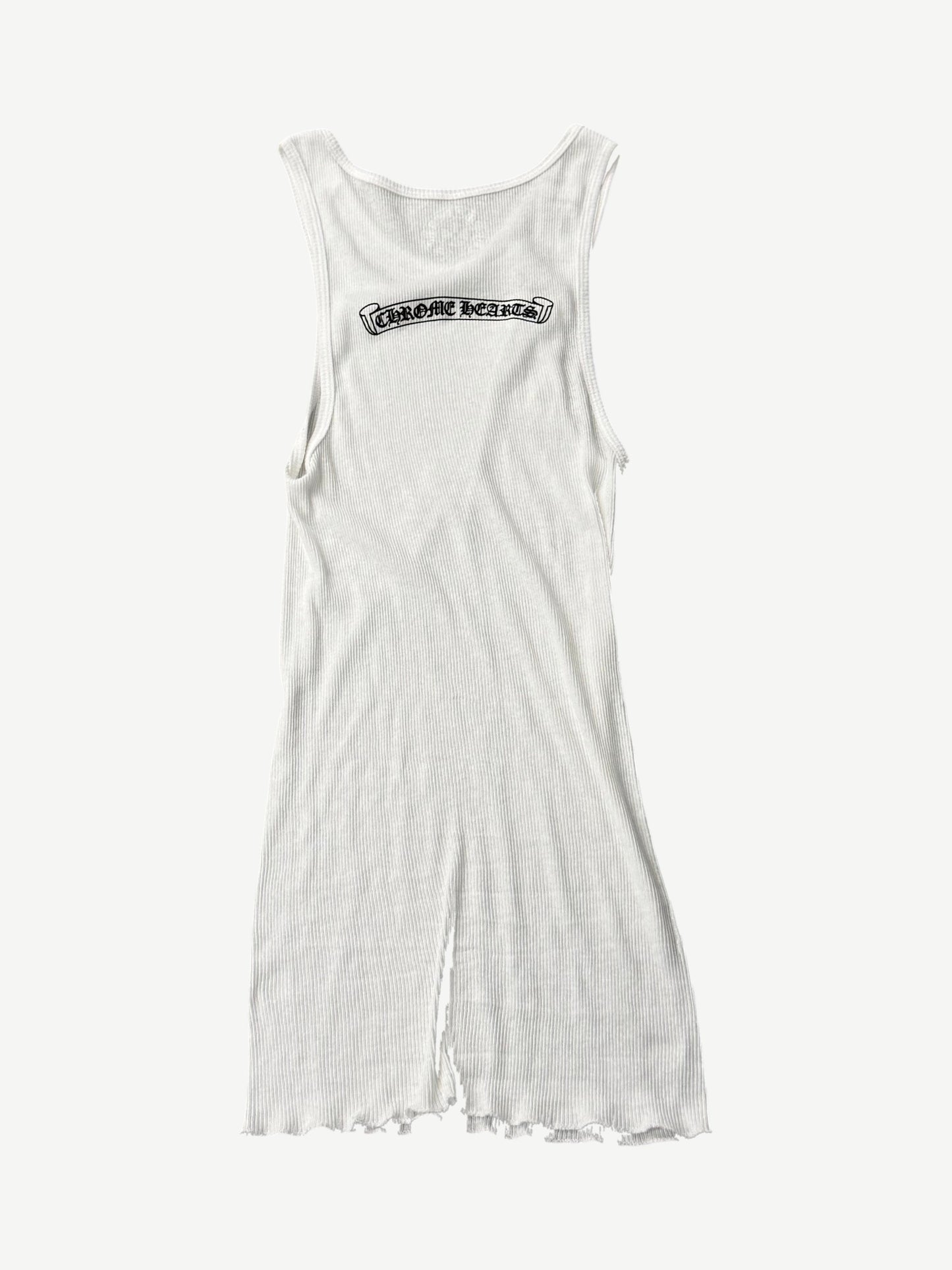 Chrome Hearts white ribbed tank top back view with Chrome Hearts gothic scroll logo across upper back