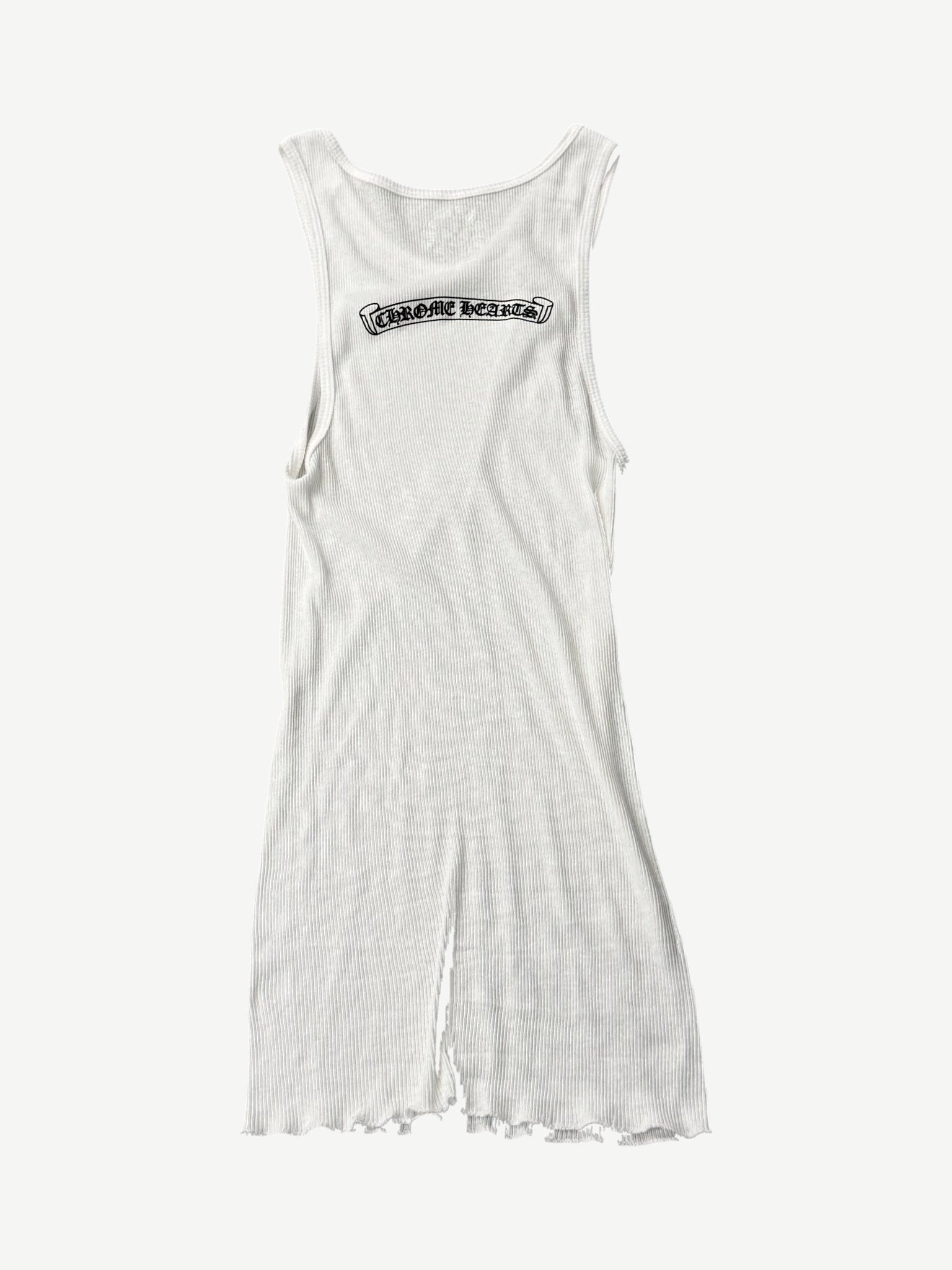 Chrome Hearts white ribbed tank top back view with Chrome Hearts gothic scroll logo across upper back