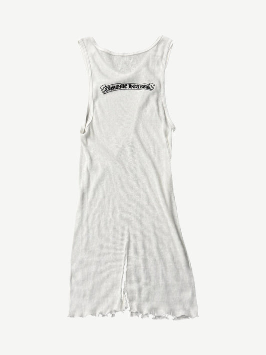 Chrome Hearts white ribbed tank top back view with Chrome Hearts gothic scroll logo across upper back