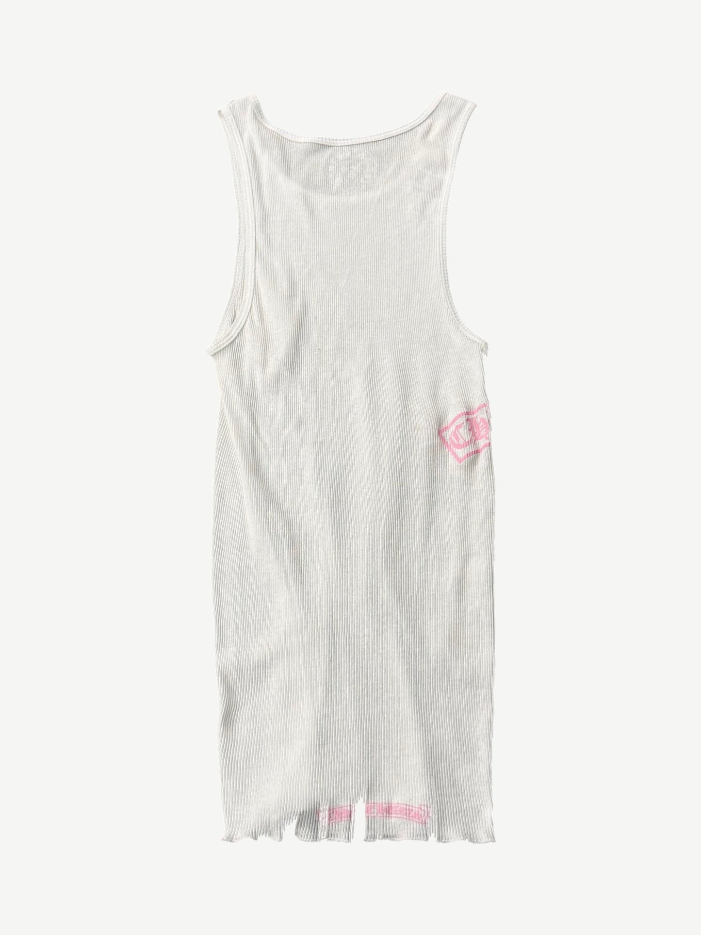 Chrome Hearts white ribbed tank back with small pink Chrome Hearts cross stamp and frayed hem