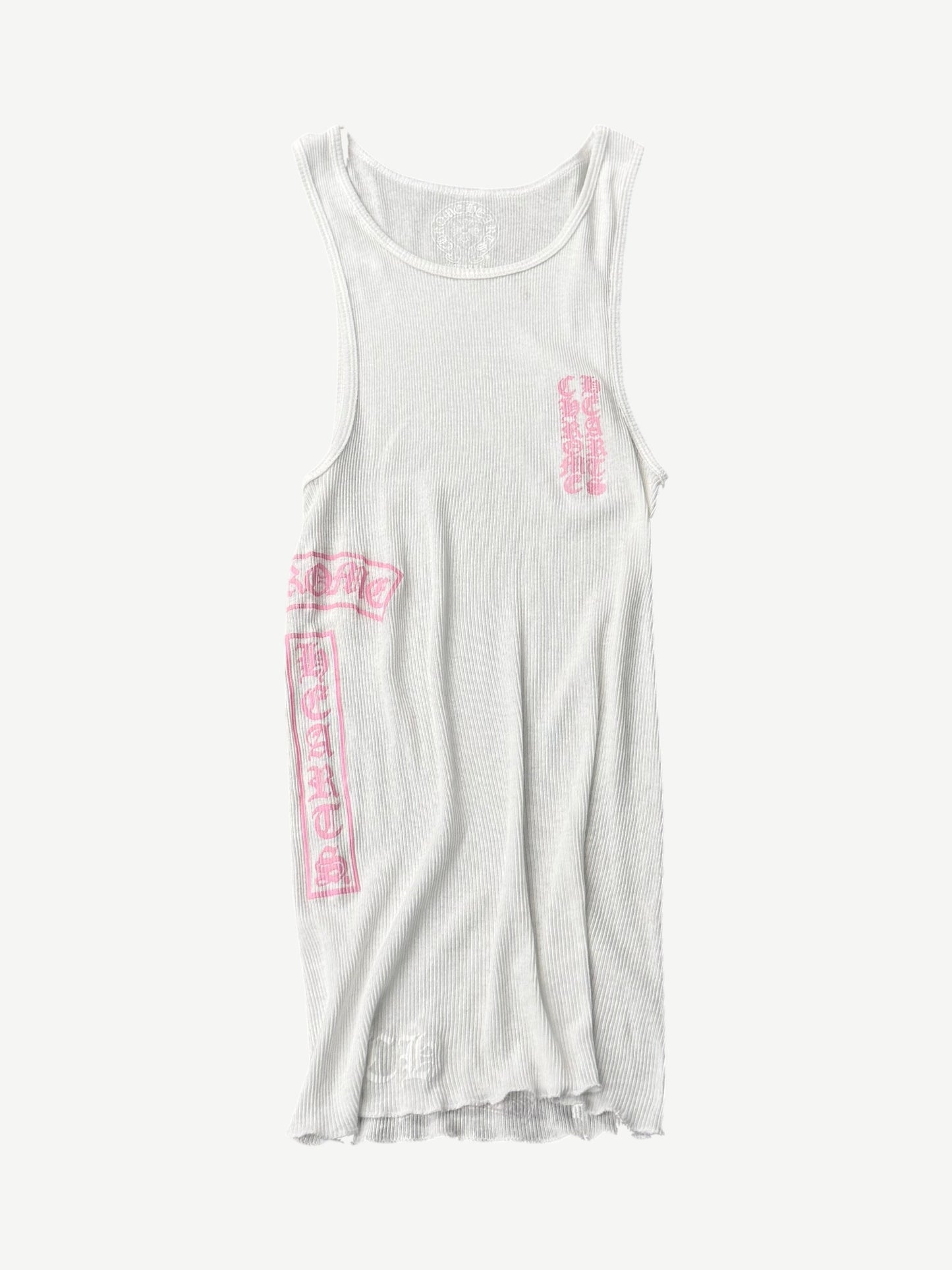 Chrome Hearts white ribbed T-bar tank top with pink Gothic script logos stamped down front side
